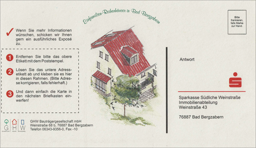 Postkarte Reihenhaus, Bauträgergesellschaft Bad Bergzabern