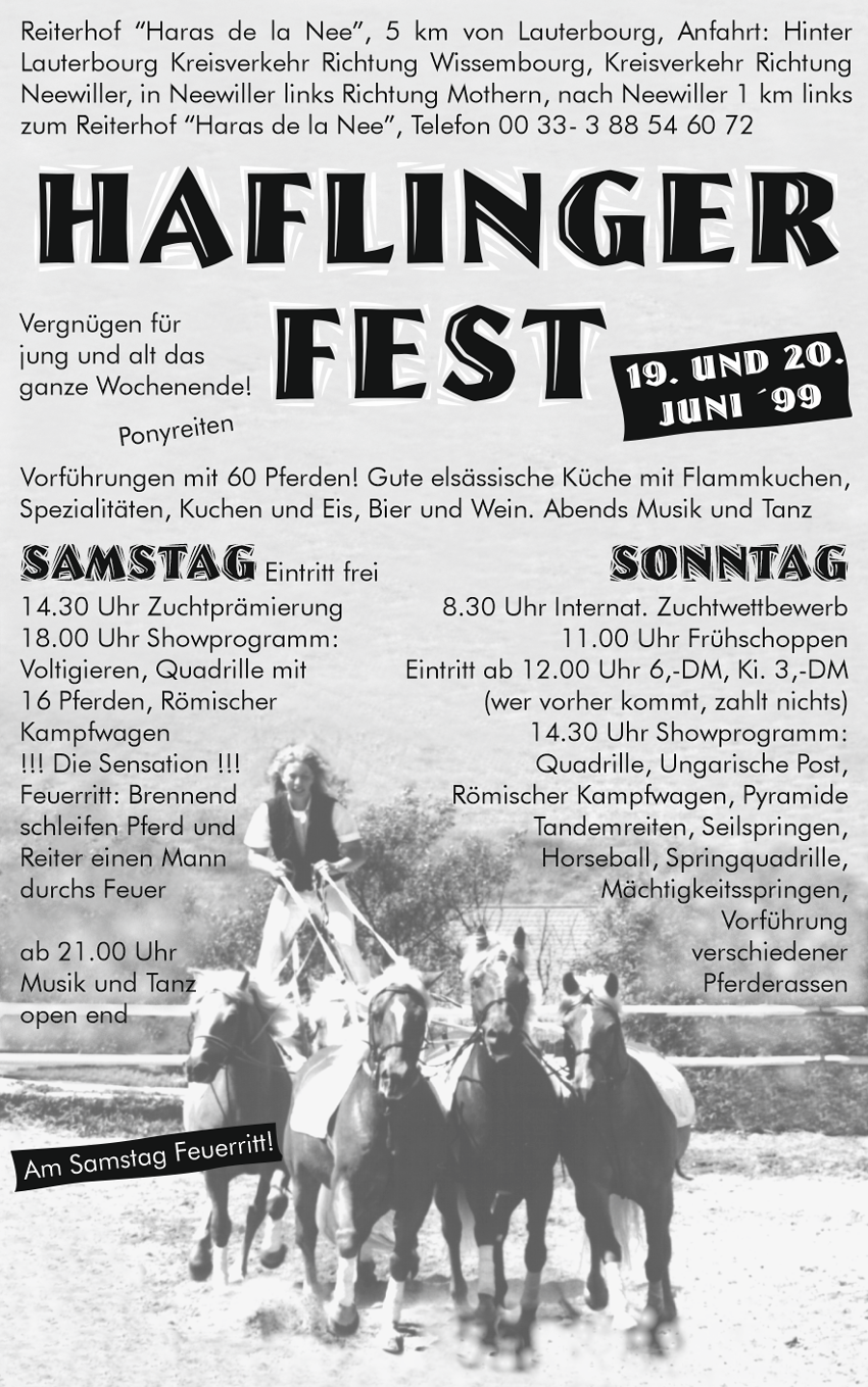 Anzeige Hafilngerfest, Reiterhof Haras de la Nee, Neewiller, Elsass