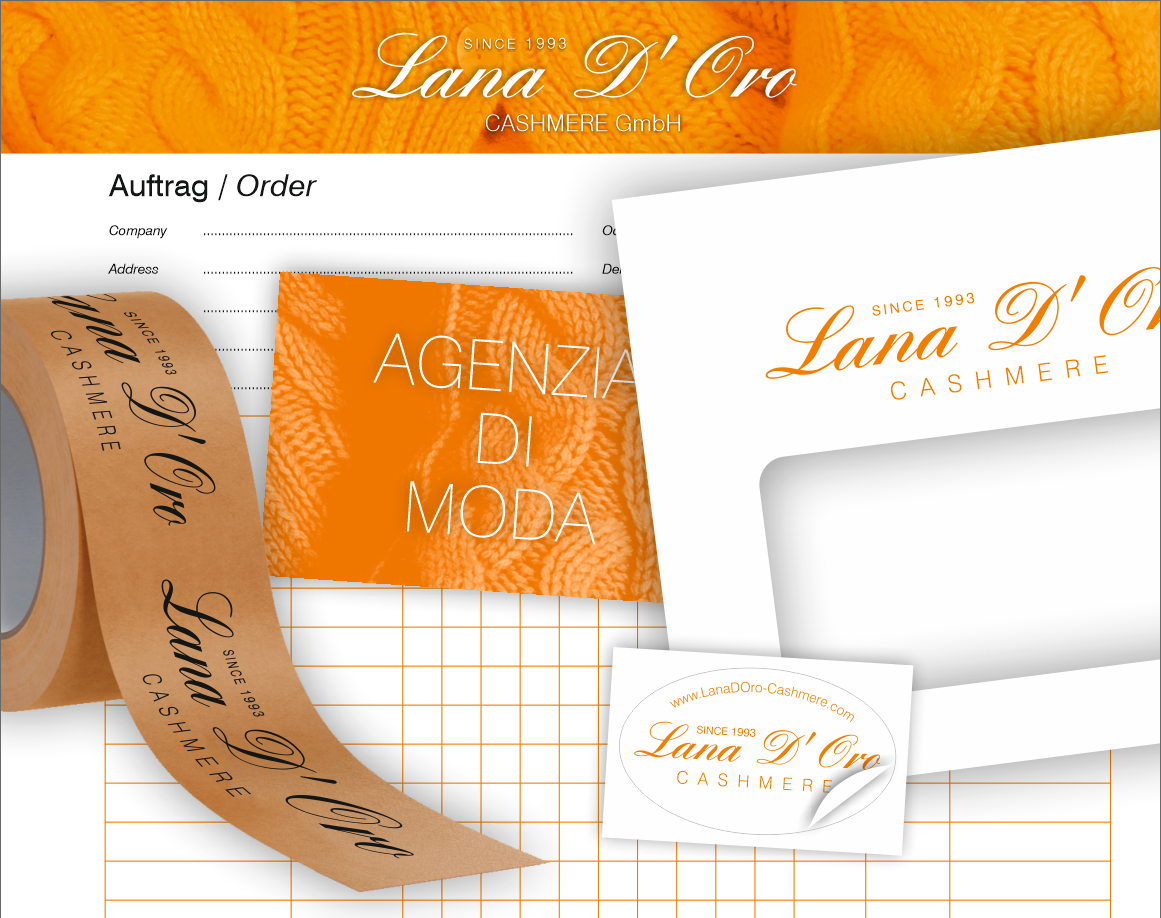 Geschäftsdrucksachen: Briefpapier, Umschlag, Visitenkarten, Stempel, Packband für Lana D' Oro Cashmere GmbH