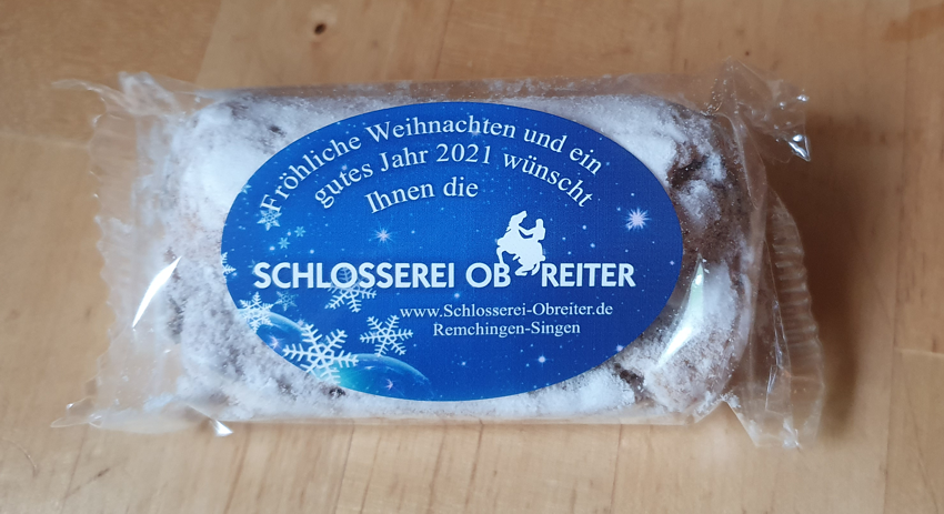 Etikett für Weihnachtsstollen Schlosserei Obreiter, Remchingen